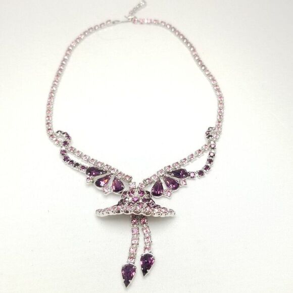 Vintage Purple Rhinestone Bell Shape Tutu Pendant Necklace, Retro Unique Design - Picture 2 of 5